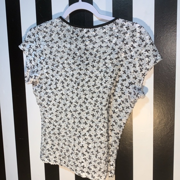 Vintage Notations Black and White Bow Print Lace Women's Top Medium Petite - Picture 7 of 7